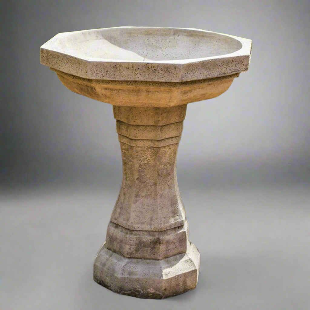 Stone Octagonal Garden Bird Bath with pedestal base, crafted from solid concrete for outdoor charm and bird attraction, 65cm tall.