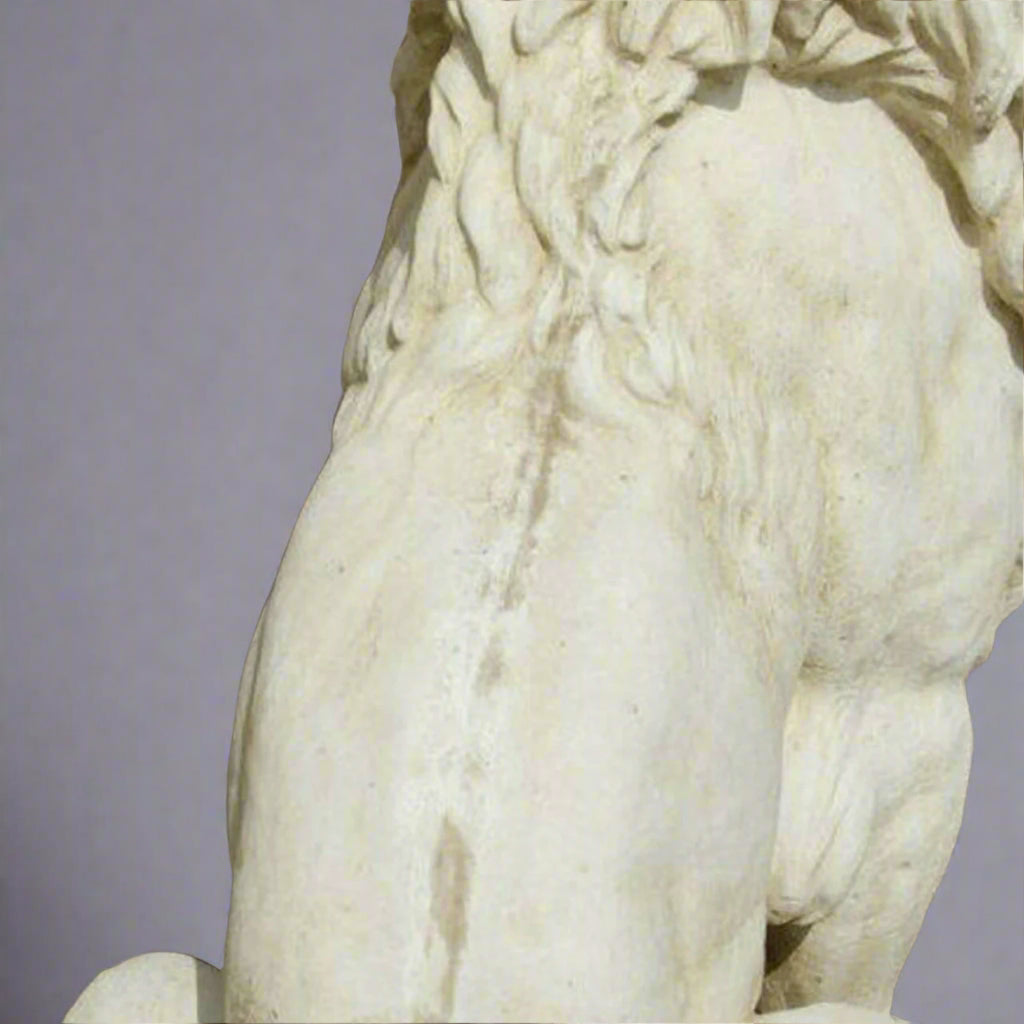 Rear detail of XL White Stone Lion Statue emphasizing muscular form and stone texture, suited for garden sculpture or decorative entryway piece.