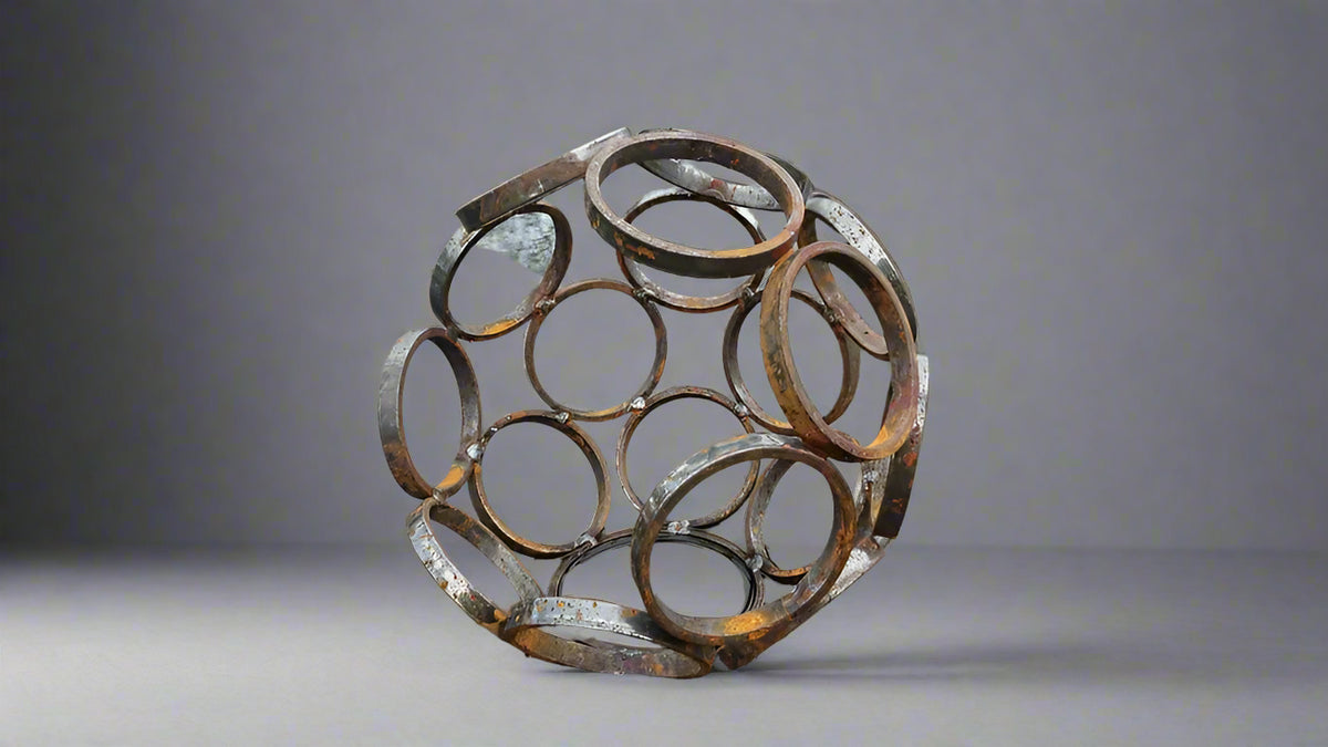 Durable Small Steel Garden Sculpture - 11" sphere made of rusted metal rings. Unique modern ornament for outdoor or indoor display.