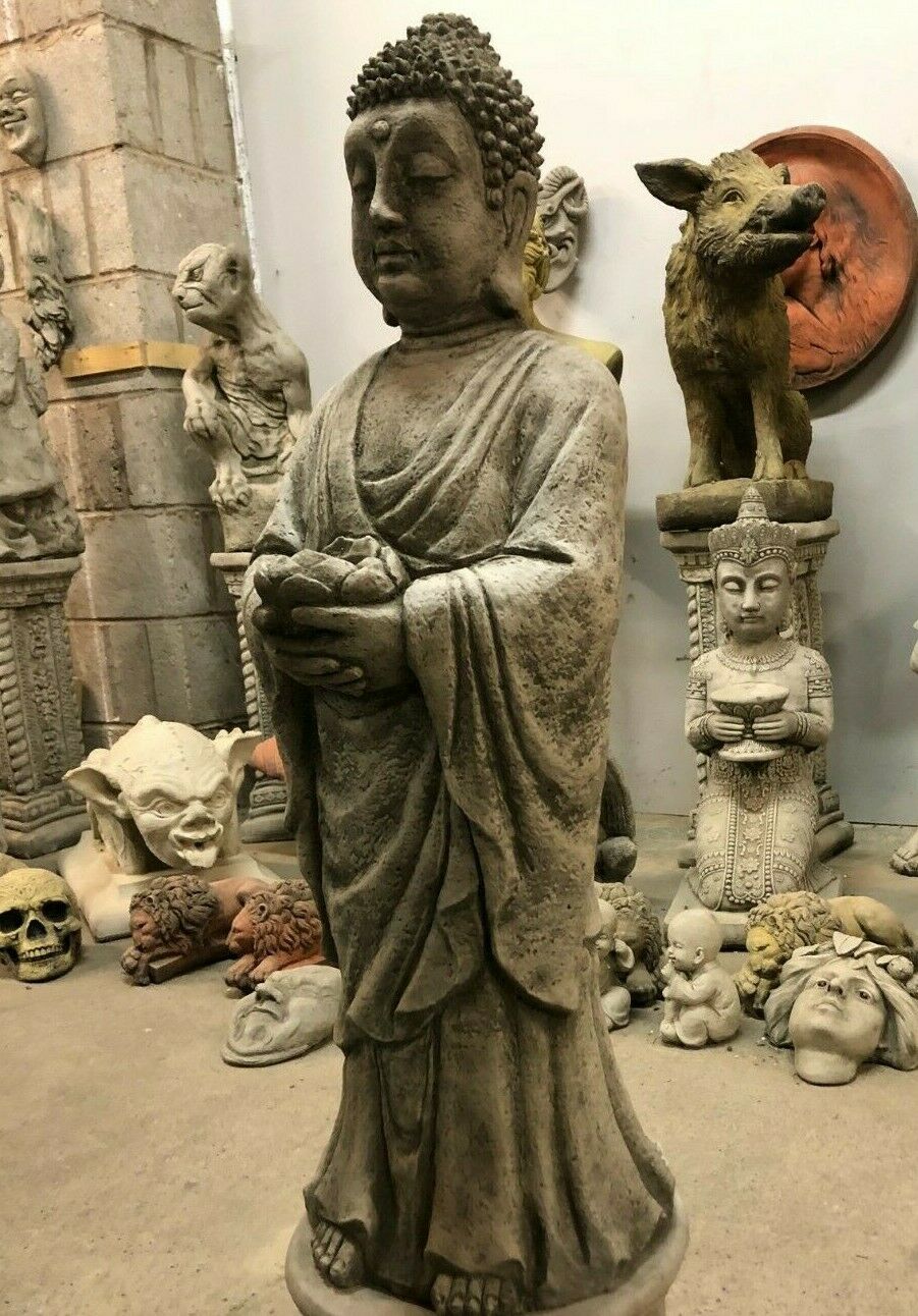 Angled side view of stone Buddha sculpture with candle holder, designed for weather-resistant garden ornamentation.