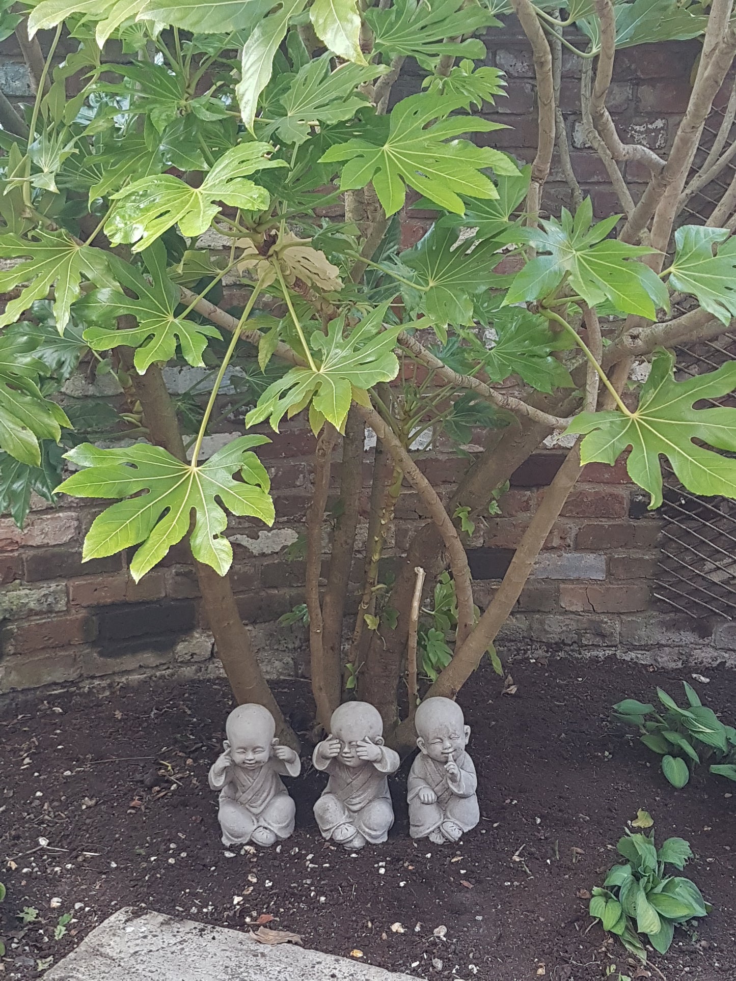 Stone Baby Monk Ornaments - See, Hear, Speak No Evil Set placed under a leafy tree, adding zen charm to garden landscape.
