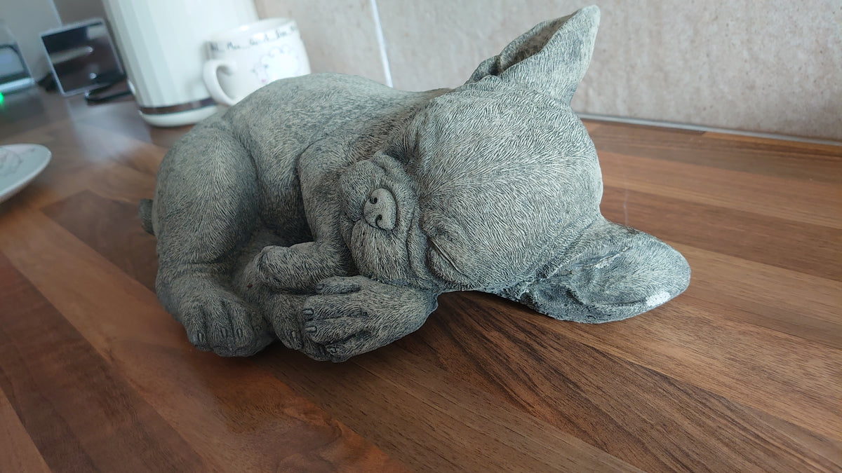 Indoor display of stone French Bulldog sleeping sculpture on wooden surface, suitable for both home and garden decor.