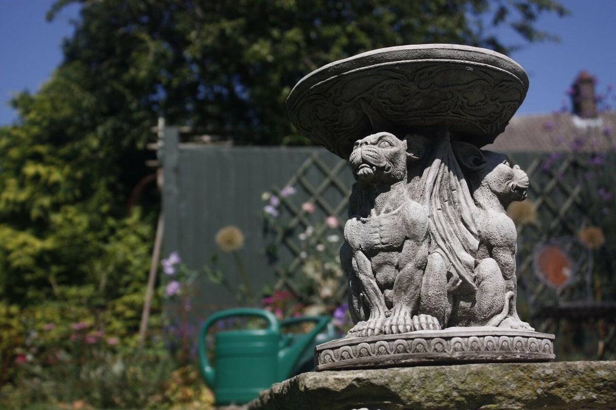 Gothic-style Stone Gargoyle Bird Bath in a garden with trellis and flowers, combining decorative sculpture with practical bird bath use.