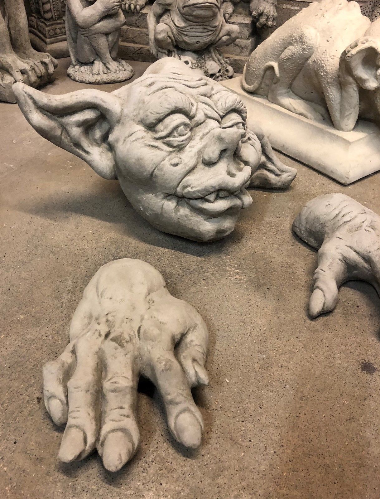 Stone Zombie Set Ornaments - Garden Decor|Limestone, Weatherproof. Handmade zombie garden ornament set with creepy head and hands for horror-themed decor.
