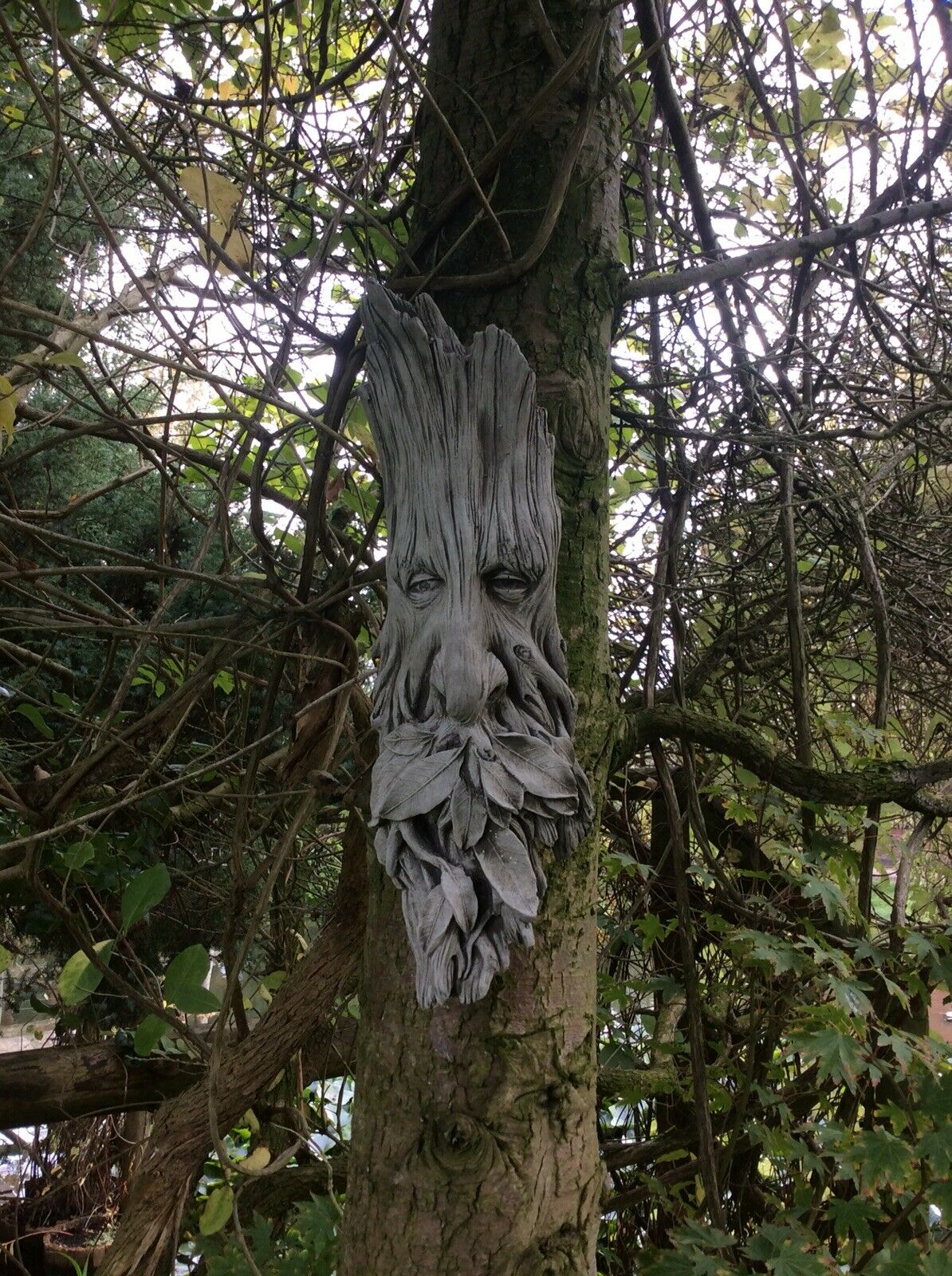 Outdoor Greenman wall plaque made from durable limestone chippings, featuring a carved face and leaf motif on a tree.