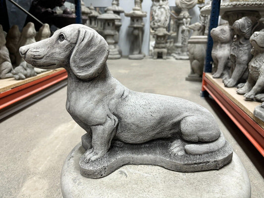 Sausage Dog Garden Ornament in stone finish, ideal for outdoor decor. Weatherproof dachshund statue adds charm to lawns and patios.