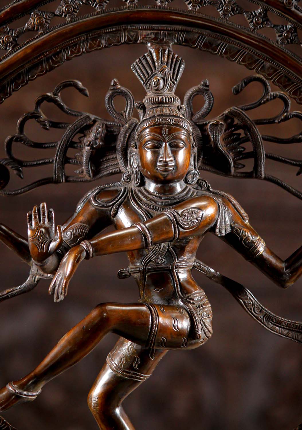 Front facial close-up of Brass Dancing Shiva Statue - Cosmic Art | Timeless Symbol 27", showing serene expression and ornate headdress.