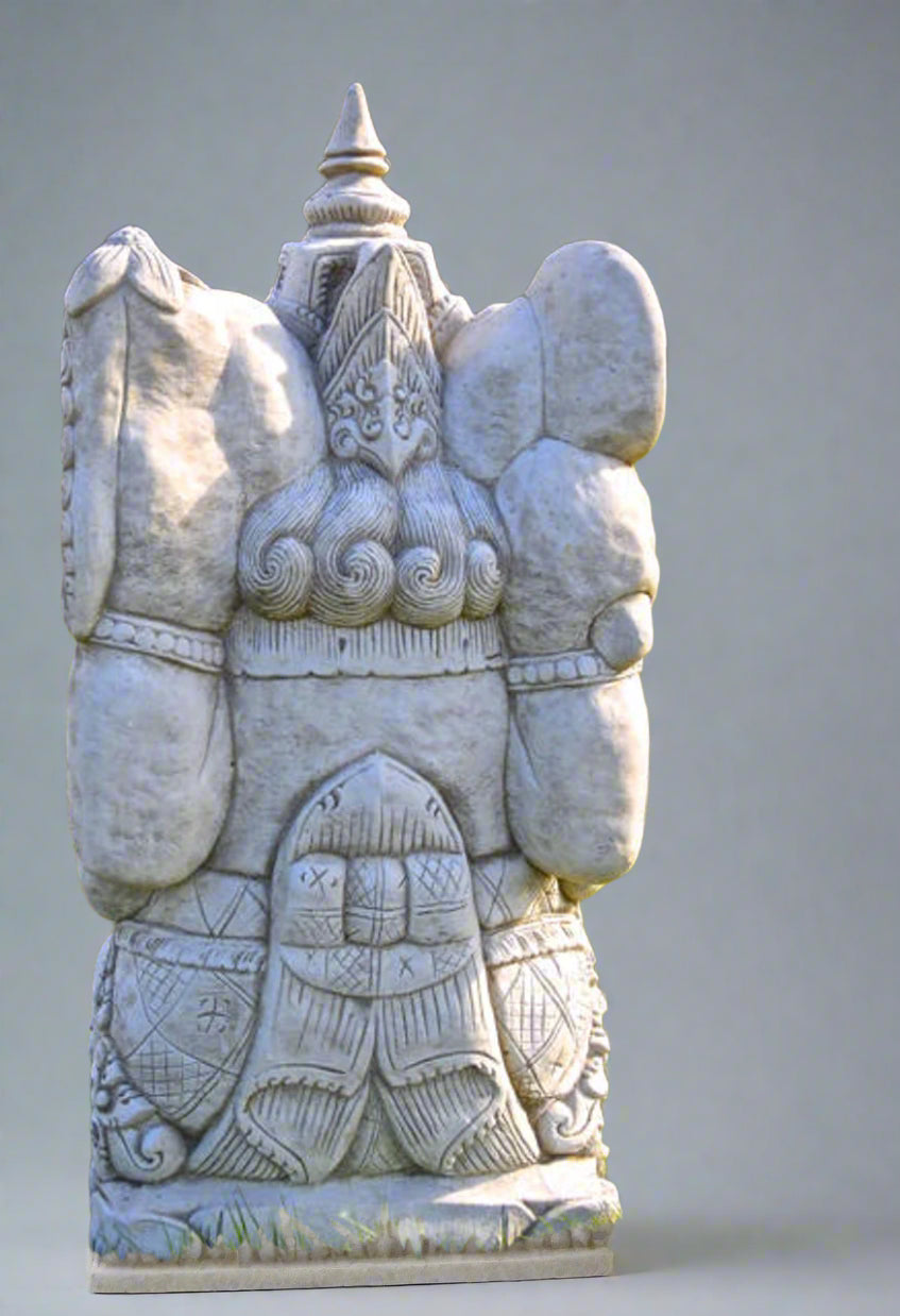Rear view of large stone Ganesh statue showing detailed carvings on the back and headdress, ideal for outdoor sanctuaries or peaceful entryways.