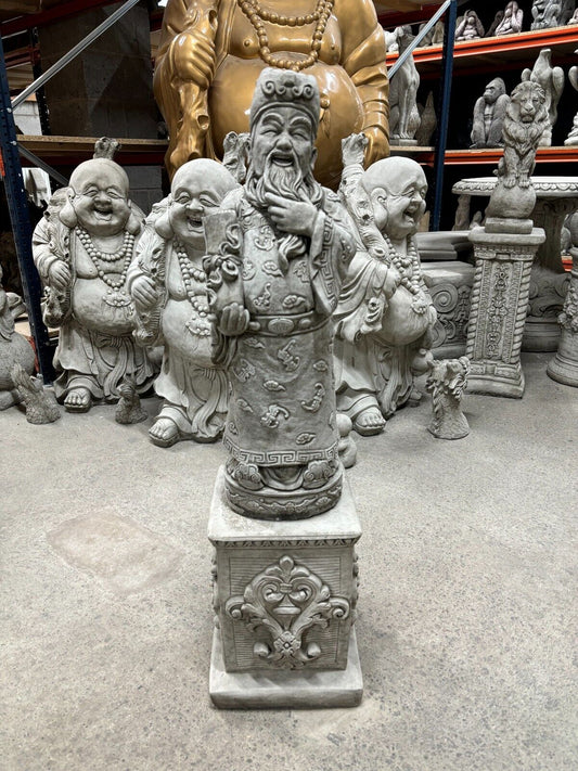Stone God of Longevity statue in antique grey finish on ornate plinth, ideal for garden decor in home and garden sculpture collections.