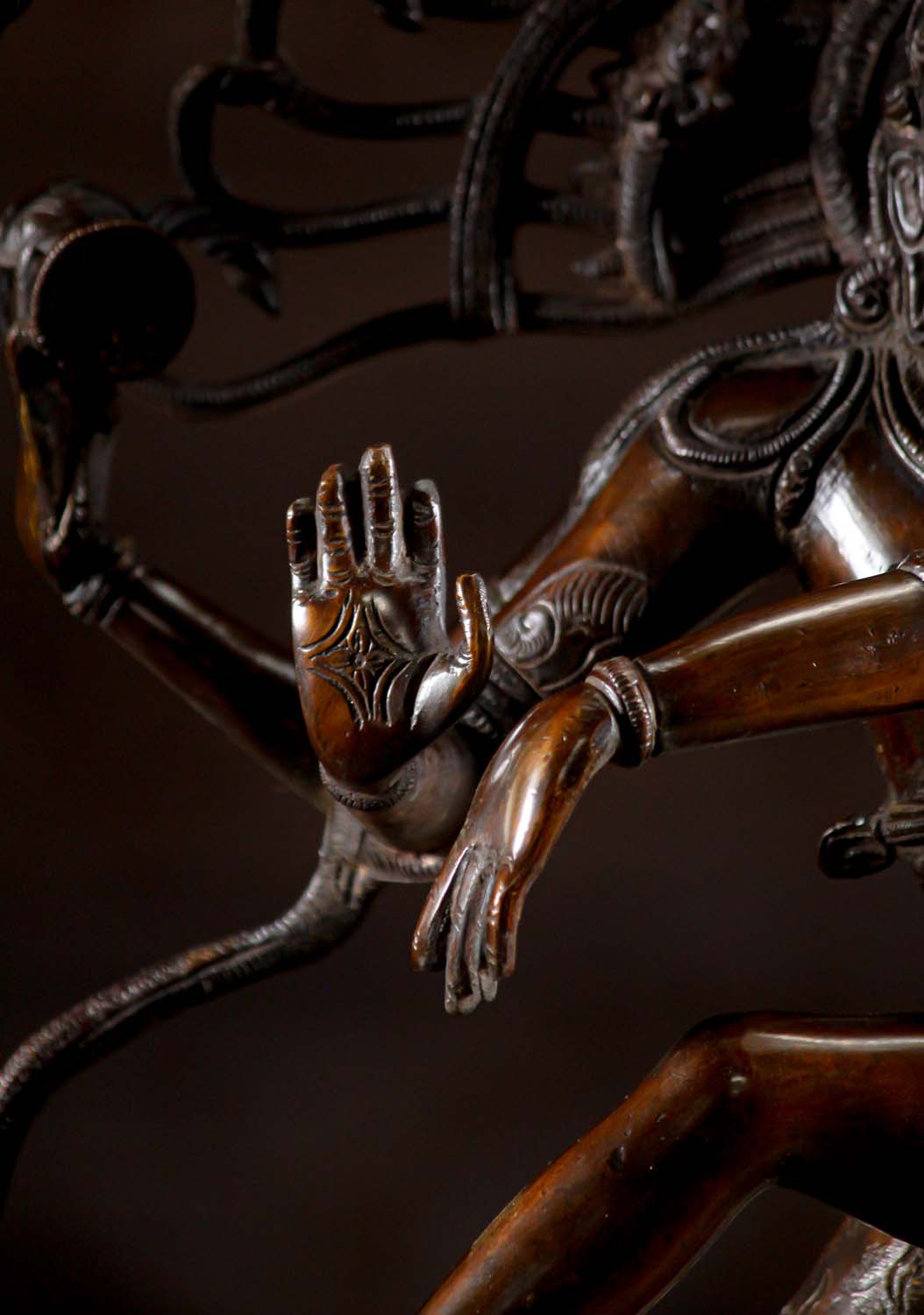 Close-up of Abhaya mudra hand gesture on Brass Dancing Shiva Statue - Cosmic Art | Timeless Symbol 27", symbolizing protection and peace.