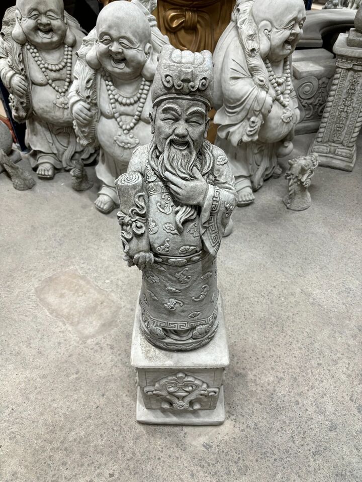 Top-down view of Stone God of Longevity statue on decorative plinth, showcasing traditional Chinese design for garden ornamentation.