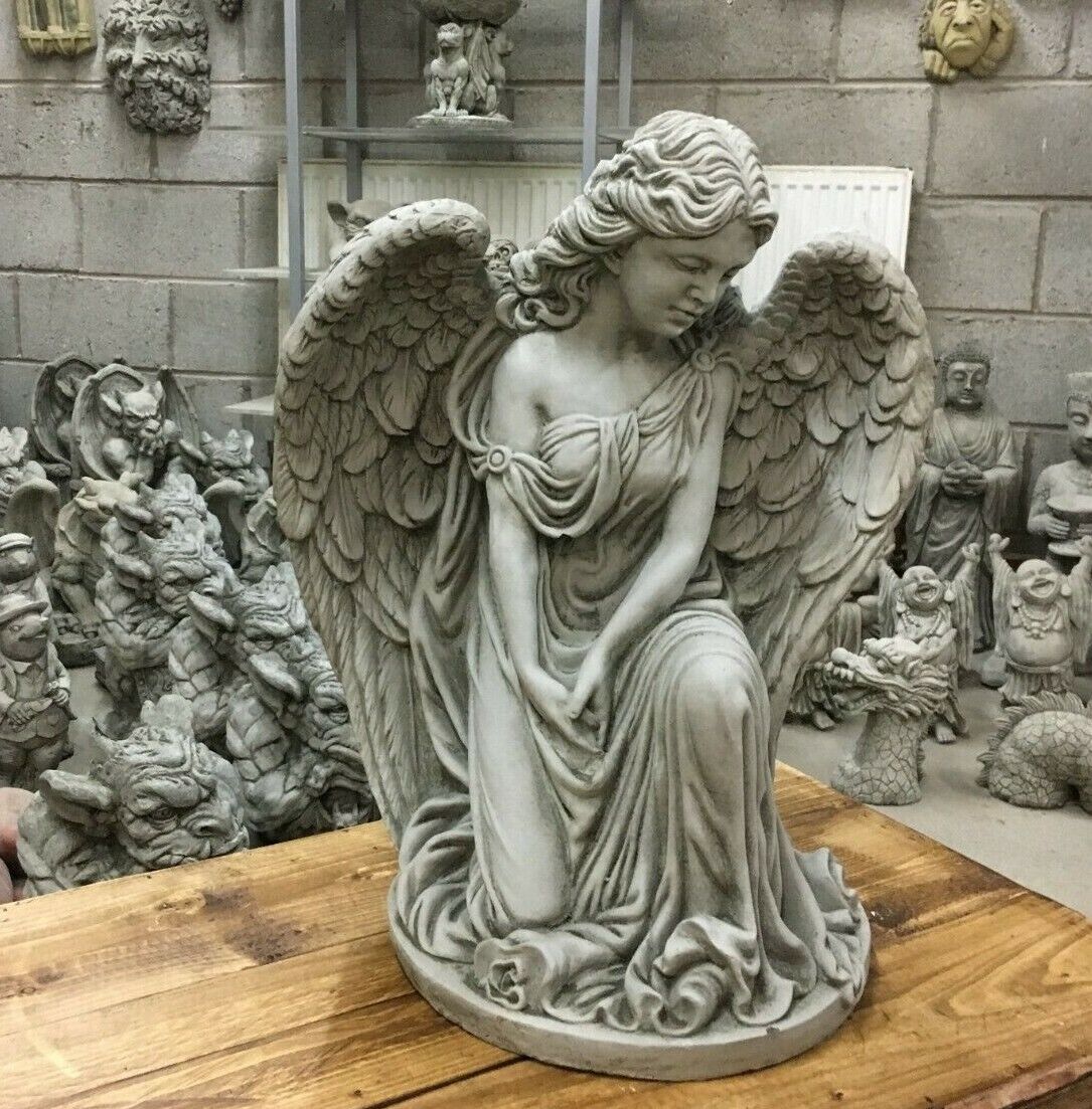 Elegant Stone Angel Garden Statue without pedestal. Ideal for indoor or outdoor display, crafted in durable stone with intricate angelic details.