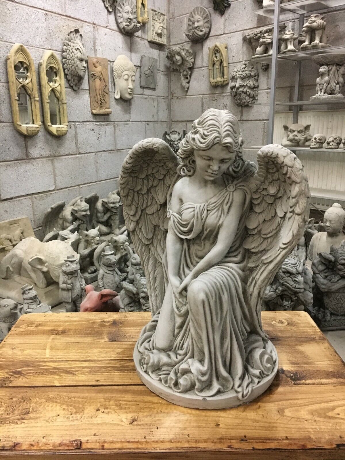 Angel Garden Pedestal Statue - Stone Finish | Large & Durable. Freestanding angel sculpture with serene expression, perfect for home or garden decor.