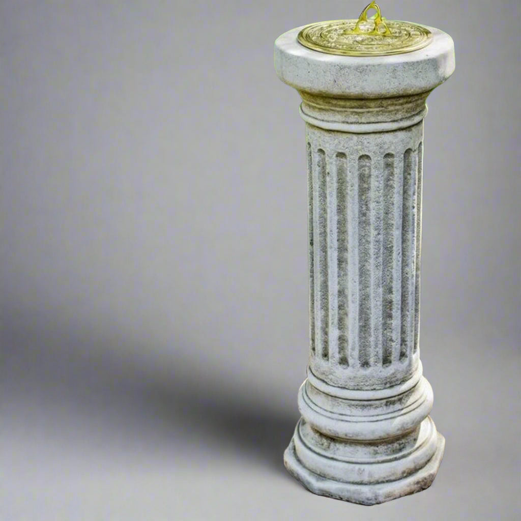 Classical Sundial Plinth - Tall Stone Design with fluted column base and weatherproof finish, ideal for elegant garden decor and outdoor pathways.