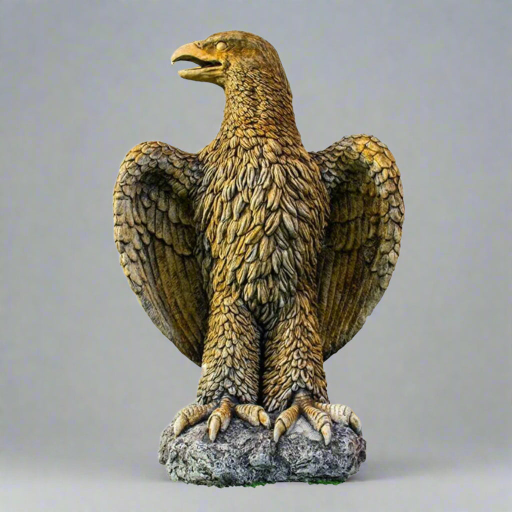XL Eagle Stone Statue with detailed feathers and open beak, hand-carved for garden decor. Durable sculpture ideal for outdoor display.
