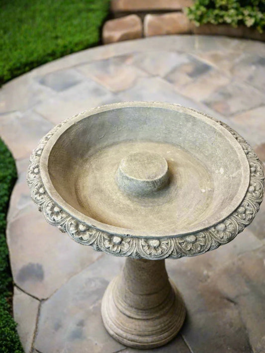 Bird Bath Top - Classic Replacement with floral edge design, 44cm diameter, placed on pedestal in a stone patio garden setting.