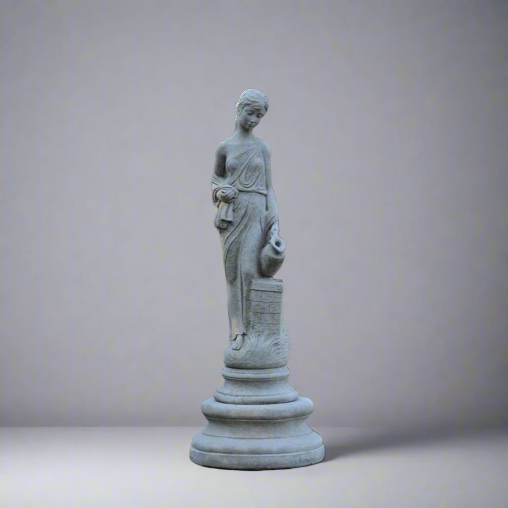 Elegant Stone Nude Jug Lady Statue on pedestal, ideal for enhancing outdoor sophistication in gardens, patios, or estate entrances.