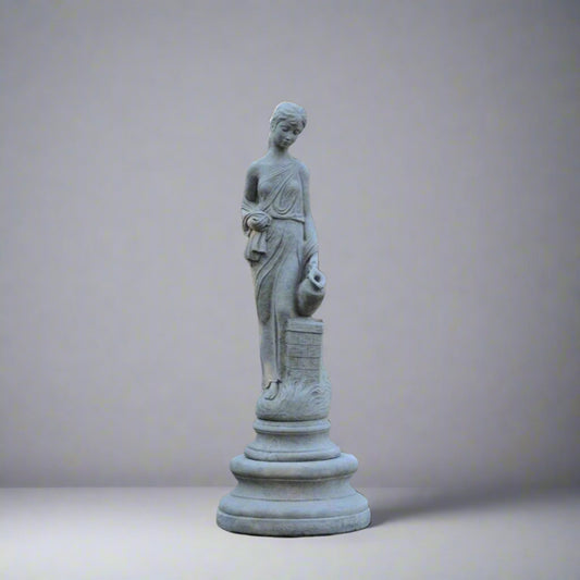 Elegant Stone Nude Jug Lady Statue on pedestal, ideal for enhancing outdoor sophistication in gardens, patios, or estate entrances.