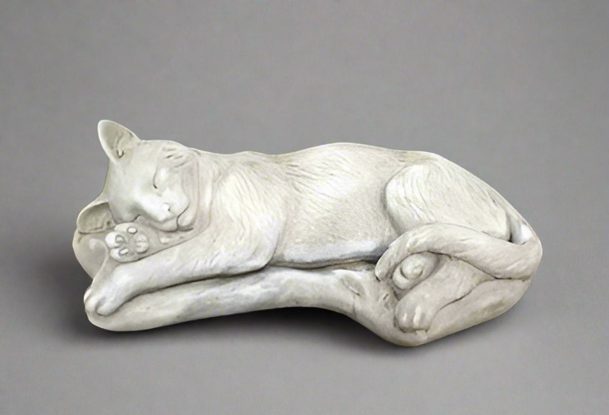 Serene Stone Cat Statue - Sleeping Garden Figure in grey concrete, ideal for outdoor garden decor or pet memorials. Features lifelike fur and curled tail.