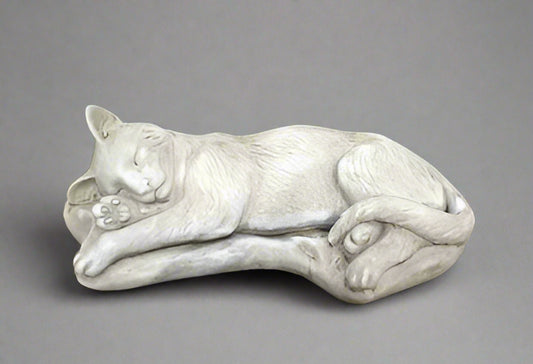 Serene Stone Cat Statue - Sleeping Garden Figure in grey concrete, ideal for outdoor garden decor or pet memorials. Features lifelike fur and curled tail.
