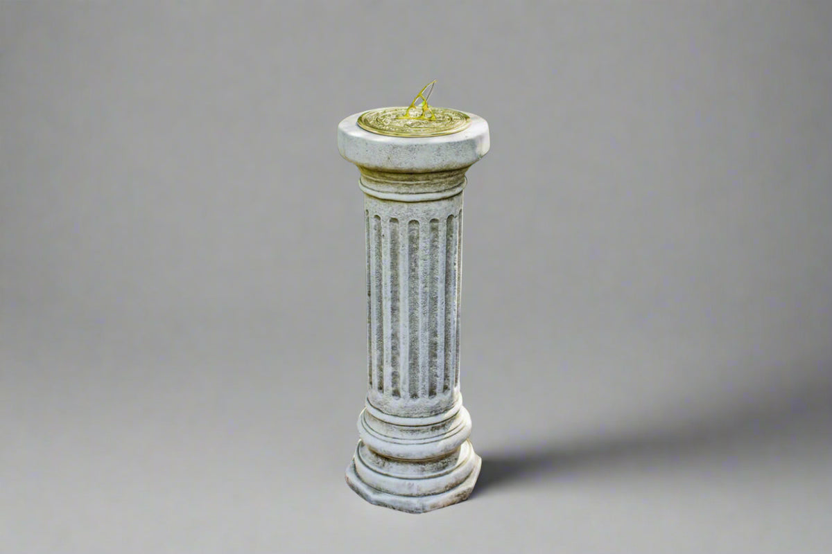Tall Stone Classical Sundial Plinth featuring a Greco-Roman fluted column and bronze dial, perfect for formal gardens and historical estates.