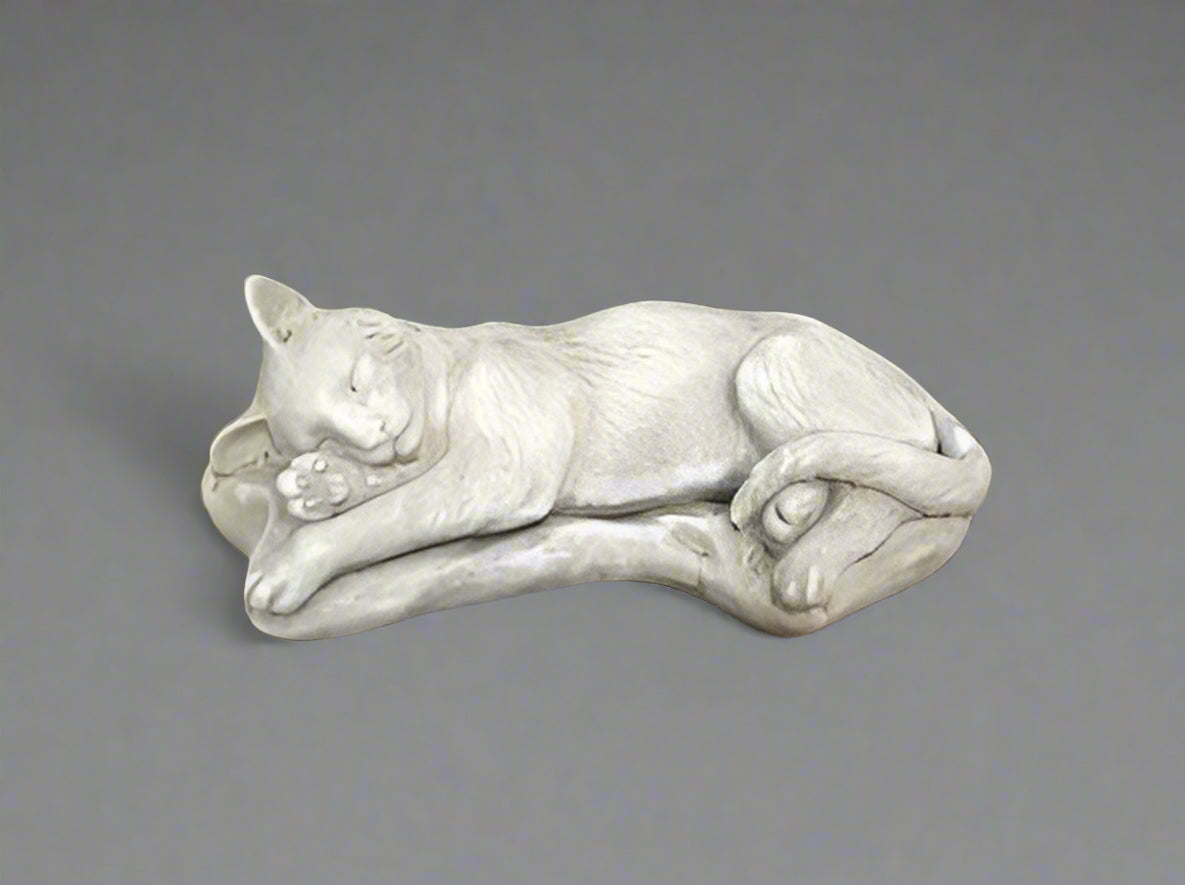 Handcrafted Serene Stone Sleeping Cat Garden Statue with detailed texture, perfect for patios, flowerbeds, or as a peaceful lawn ornament.