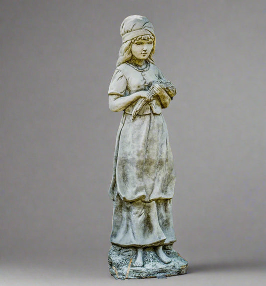Stone Harvest Lady Statue - Timeless Garden Charm by Solid Craft, featuring a barefoot woman in a robe holding wheat, ideal for outdoor decor.