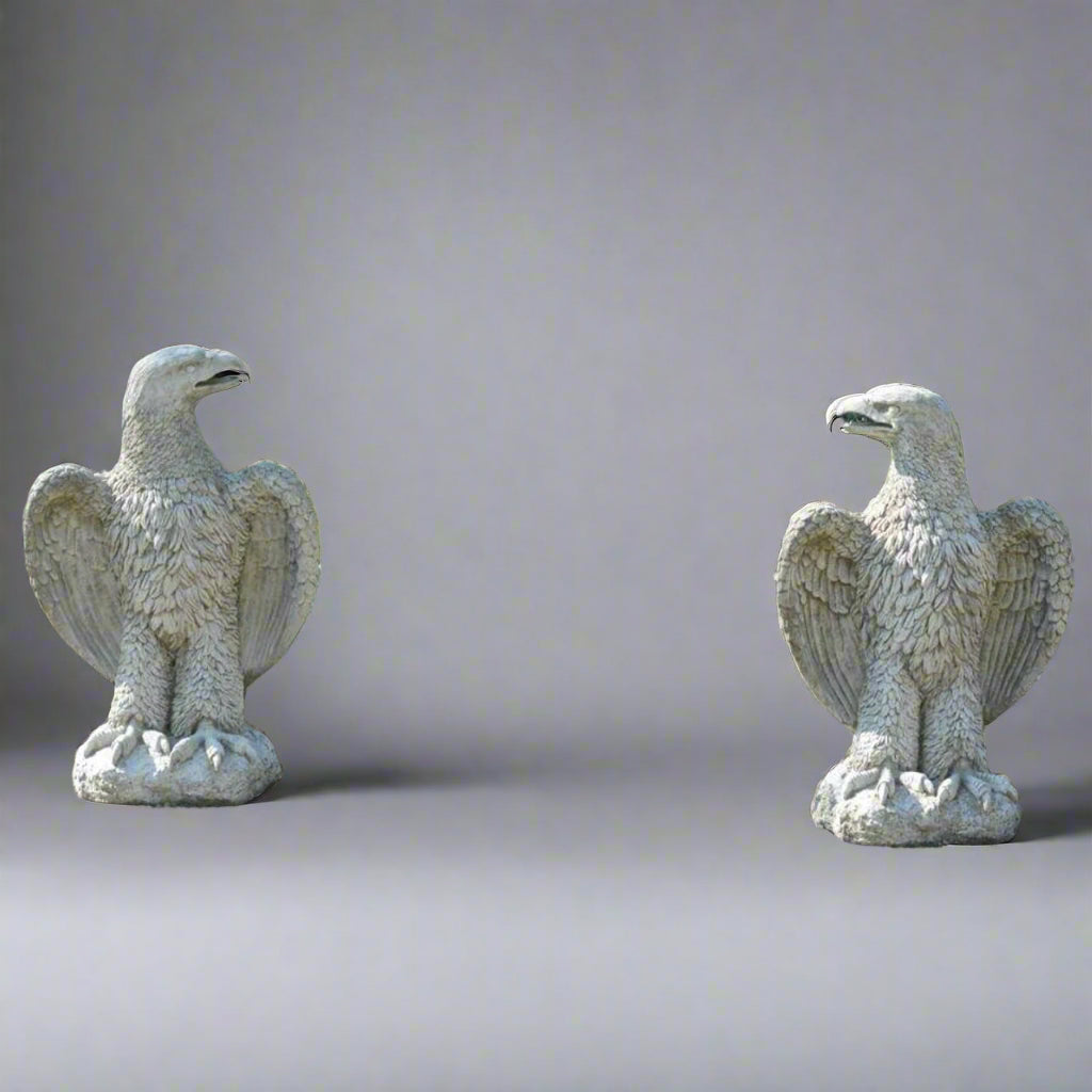 Pair of XL Eagle Stone Statues facing each other, perfect for entryway or garden symmetry. Durable and elegant outdoor garden sculptures.