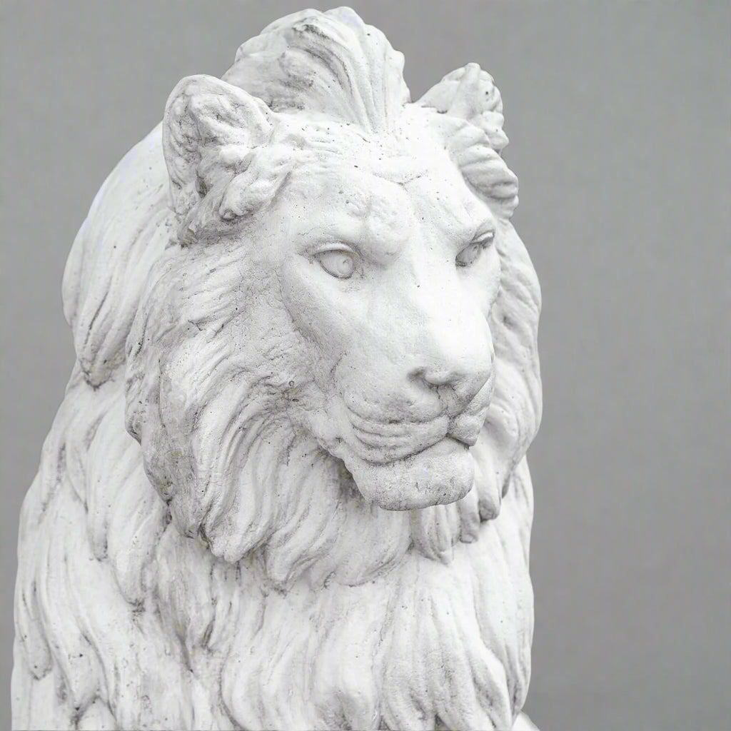 Close-up of XL White Stone Lion Statue showing intricate facial details and textured mane, perfect for luxury garden or entryway decor.