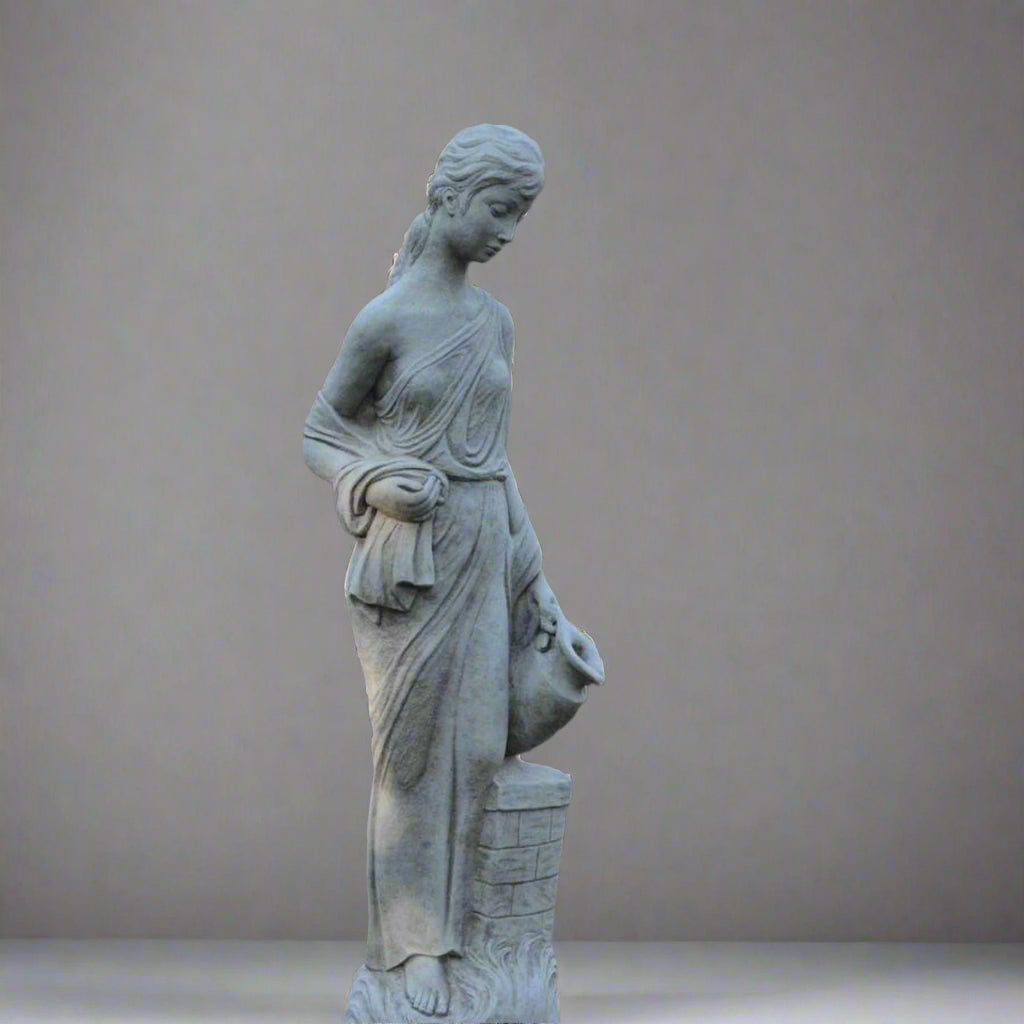 Close-up of the Stone Nude Jug Lady Column Statue showcasing classical Greco-Roman detail, perfect for refined garden sculpture decor.