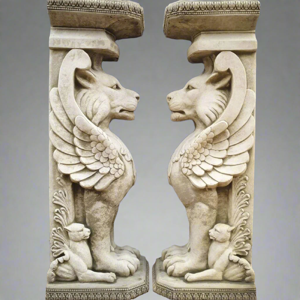 Pair of Winged Lion Plinth Statues - Noble Decor | Hand-Carved Stone featuring symmetrical guardian lions with wings, ideal for entryway or garden display.
