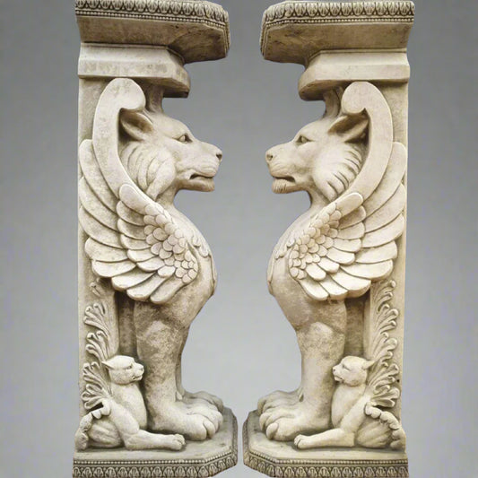 Pair of Winged Lion Plinth Statues - Noble Decor | Hand-Carved Stone featuring symmetrical guardian lions with wings, ideal for entryway or garden display.
