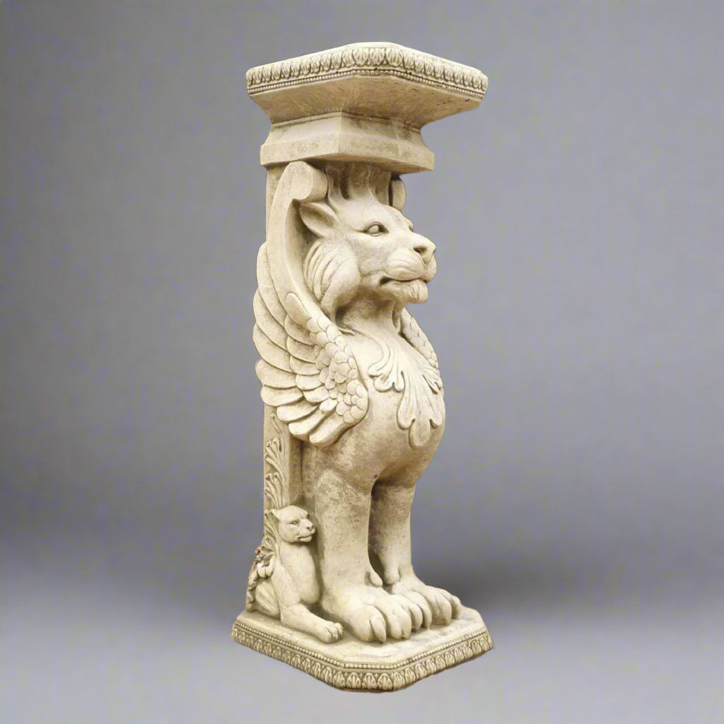 Single Winged Lion Plinth Statue from the Pair of Winged Lion Plinth Statues - Noble Decor | Hand-Carved Stone, showcasing detailed craftsmanship and regal design.
