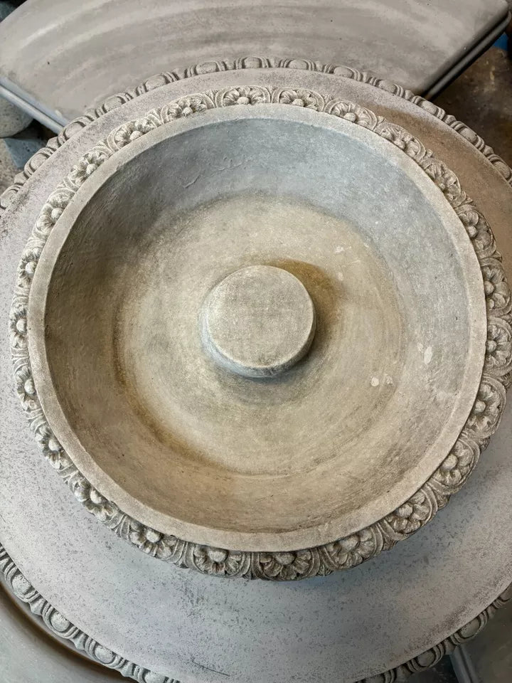 Close-up of Classic Bird Bath Top Replacement showing intricate floral rim and central pedestal mount, ideal for garden decor.