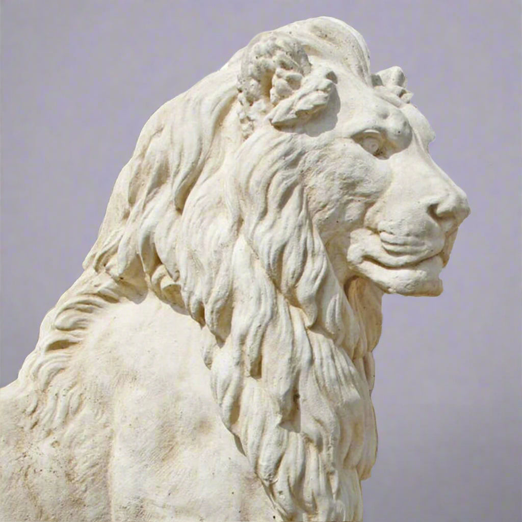 Side profile of Majestic XL White Stone Lion Statue highlighting lifelike carving and noble expression for outdoor entrance sculpture.