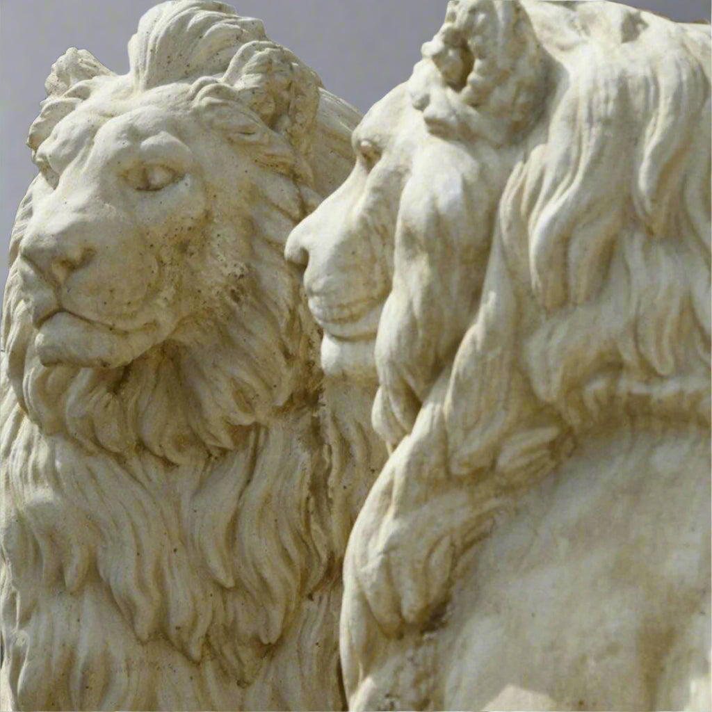 Detailed view of paired XL White Stone Lion Statues showcasing symmetrical design and craftsmanship for estate or commercial property entrances.