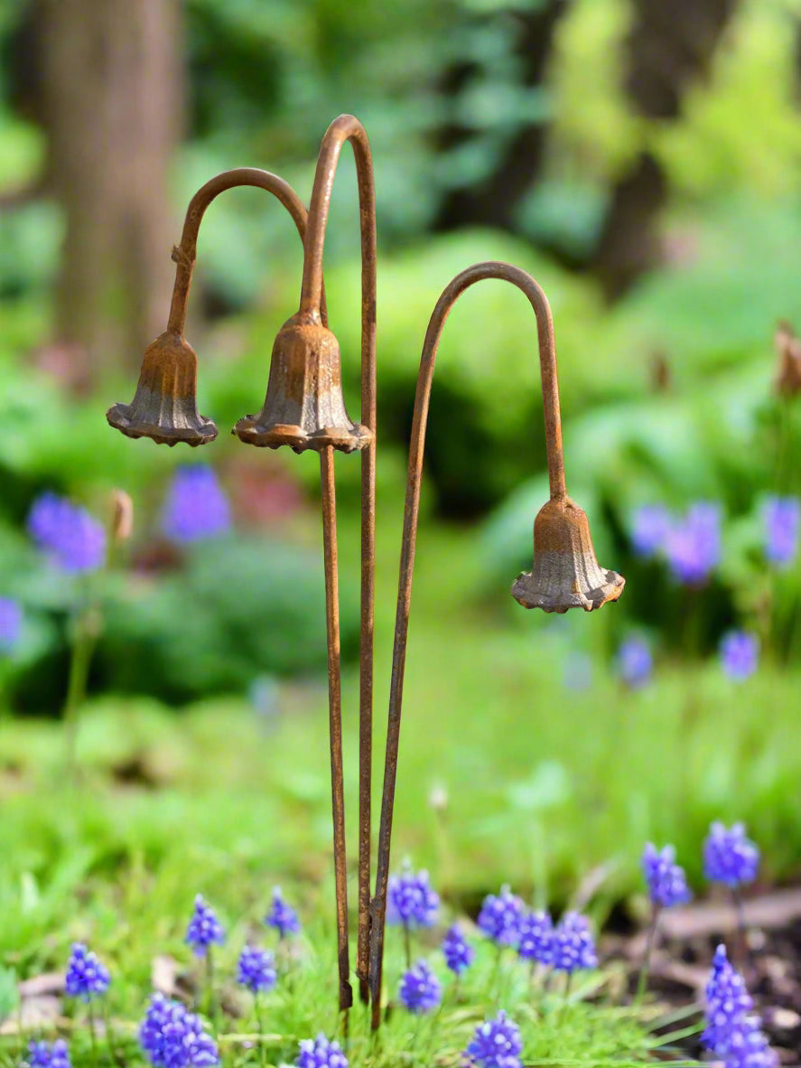 Rusty metal plant stands shaped like bluebells, set of 3 garden stakes providing rustic charm and sturdy plant support in a flowerbed.