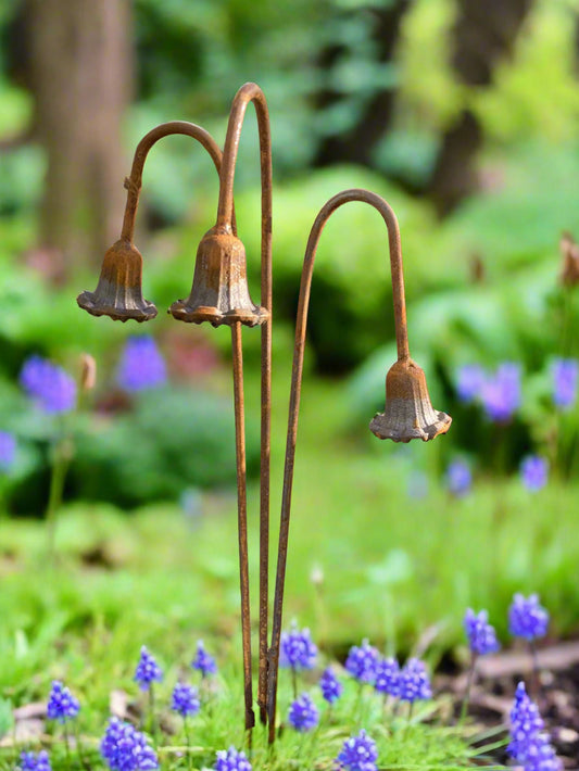 Rusty metal plant stands shaped like bluebells, set of 3 garden stakes providing rustic charm and sturdy plant support in a flowerbed.