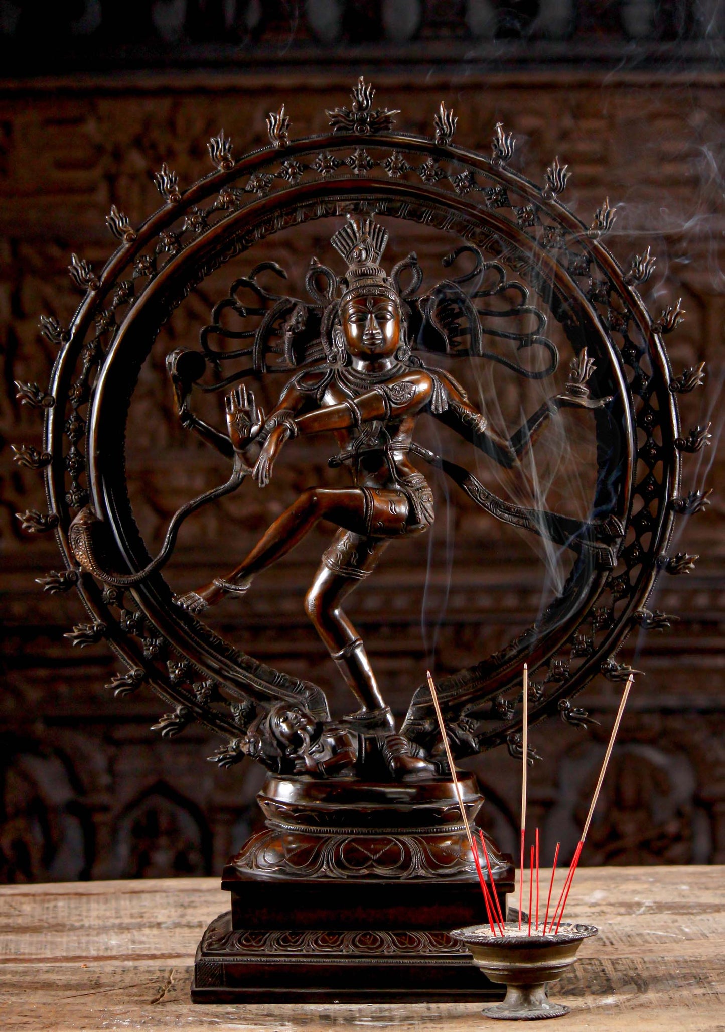Brass Dancing Shiva Statue - Cosmic Art | Timeless Symbol 27" displayed with incense, showcasing intricate detailing and spiritual ambiance.
