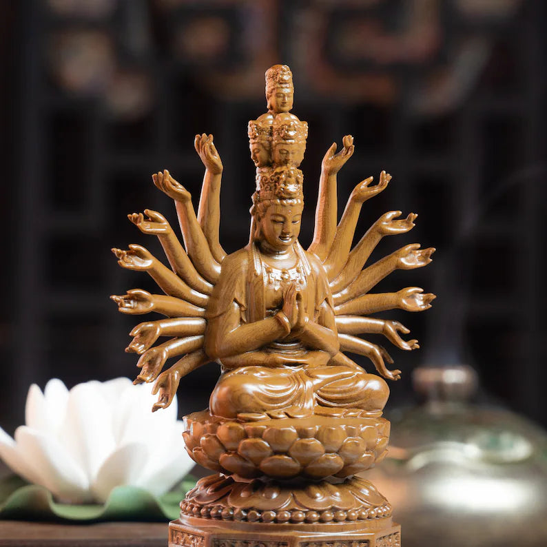 Handmade Wooden Guan Yin Statue in meditative pose with intricate arm detailing. Ideal for home altar or zen-inspired decor.