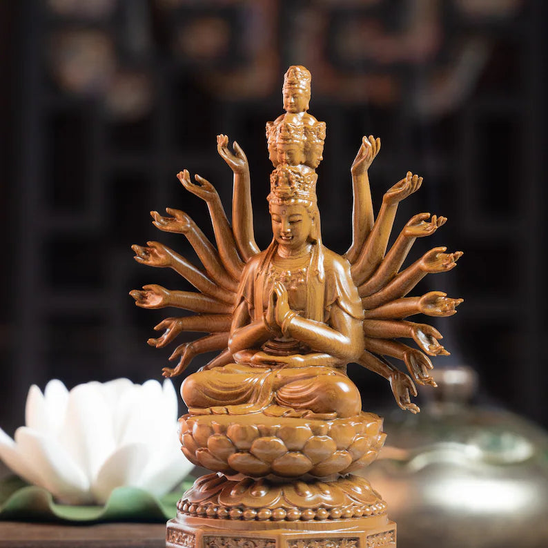 15cm Wooden Guan Yin Sculpture with serene expression and lotus base. Perfect for meditation spaces and spiritual interiors.