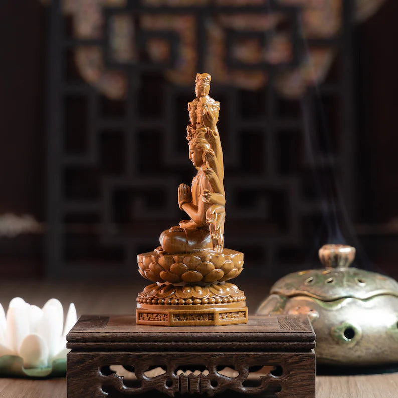 Side view of Wooden Guan Yin Meditation Statue showing detailed carving and lotus base. Ideal for spiritual home decor.