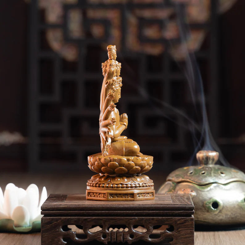 Profile view of Guan Yin Wooden Statue in prayer pose. Hand-carved Vietnamese craftsmanship for tranquil interiors.