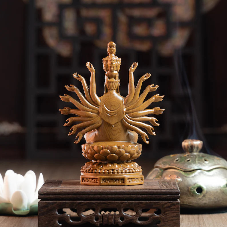Back view of Wooden Guan Yin Statue displaying symmetrical arm design. A unique spiritual sculpture for home or office.
