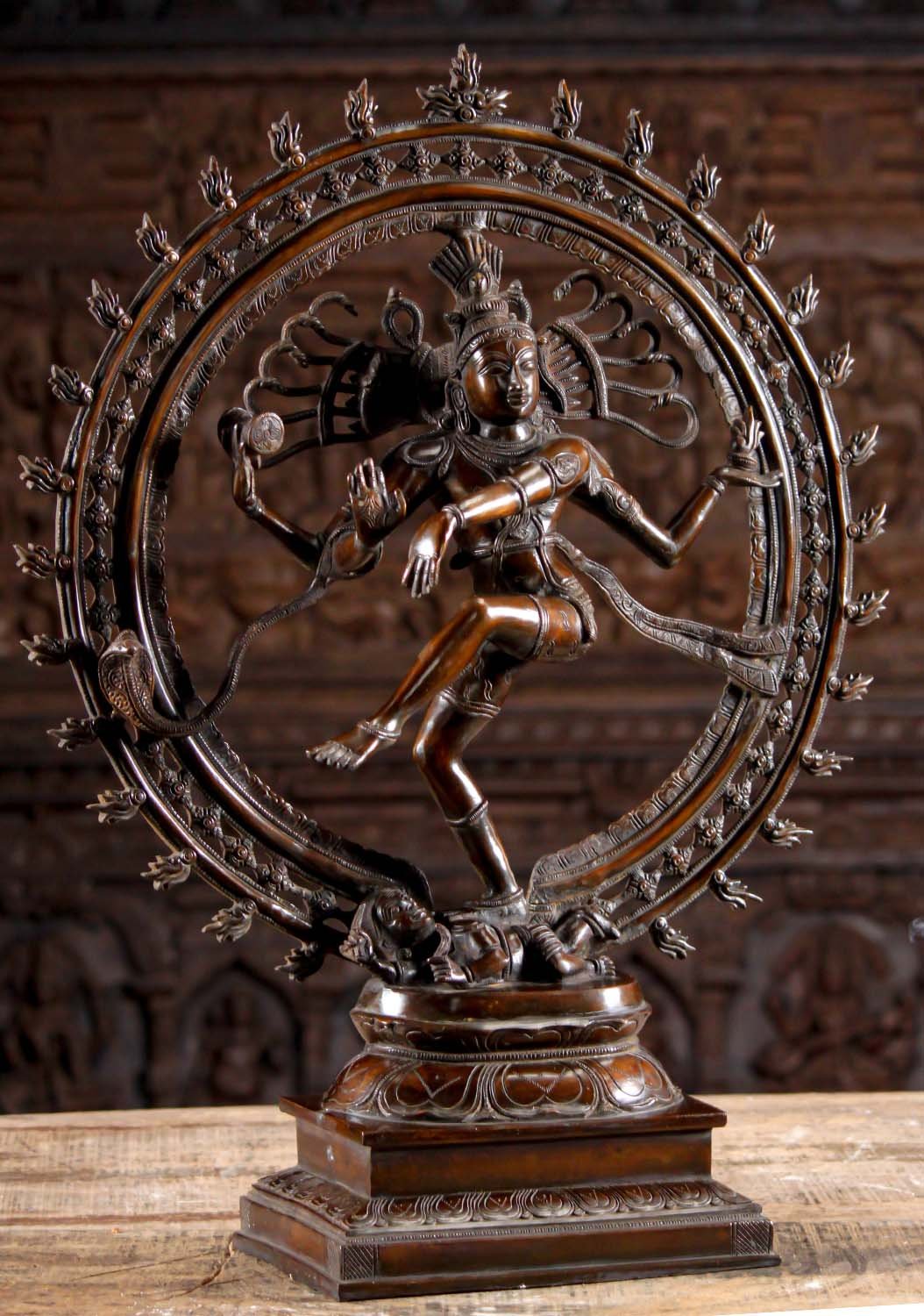 Brass Dancing Shiva Statue - Cosmic Art | Timeless Symbol 27" featuring Nataraja pose with ornate halo and lotus pedestal for home decor.