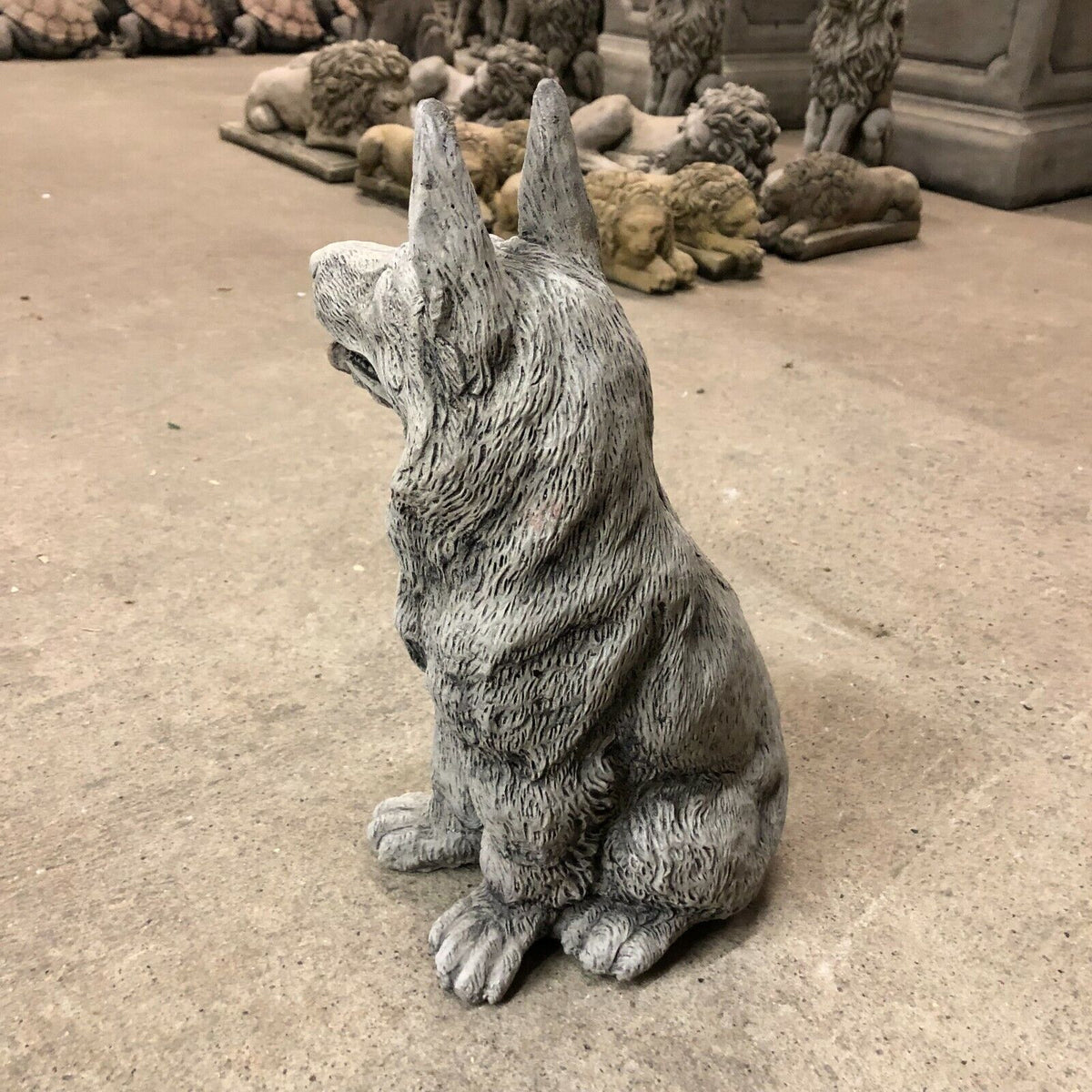 Rear side of Alsatian Dog Stone Statue highlighting textured limestone finish, suitable for garden paths or entryway decor.