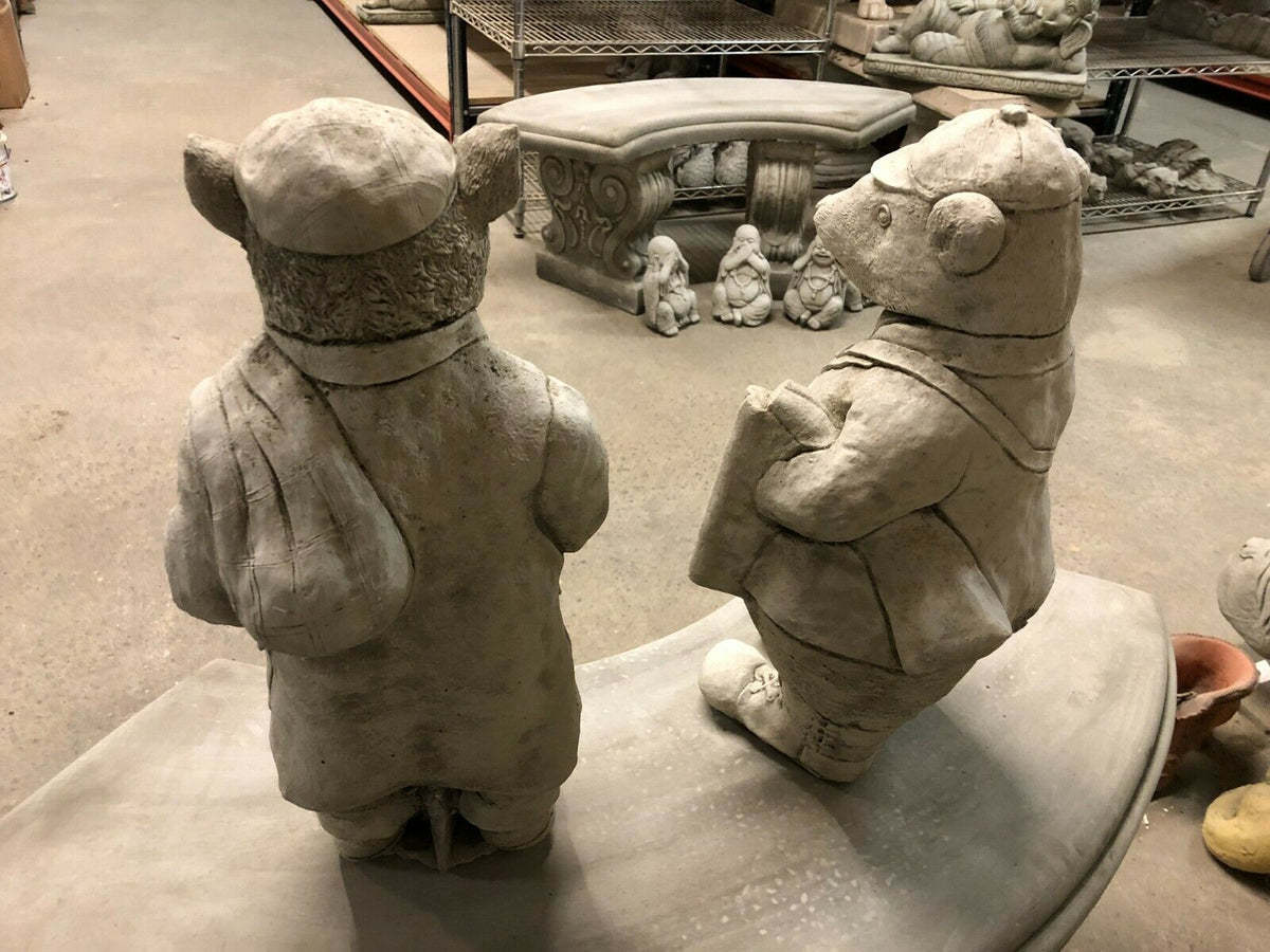 Rear view of Stone Gamekeeper & Poacher Statues-Garden Decor | Solid & Durable. Showcases fine detailing and craftsmanship in durable limestone.