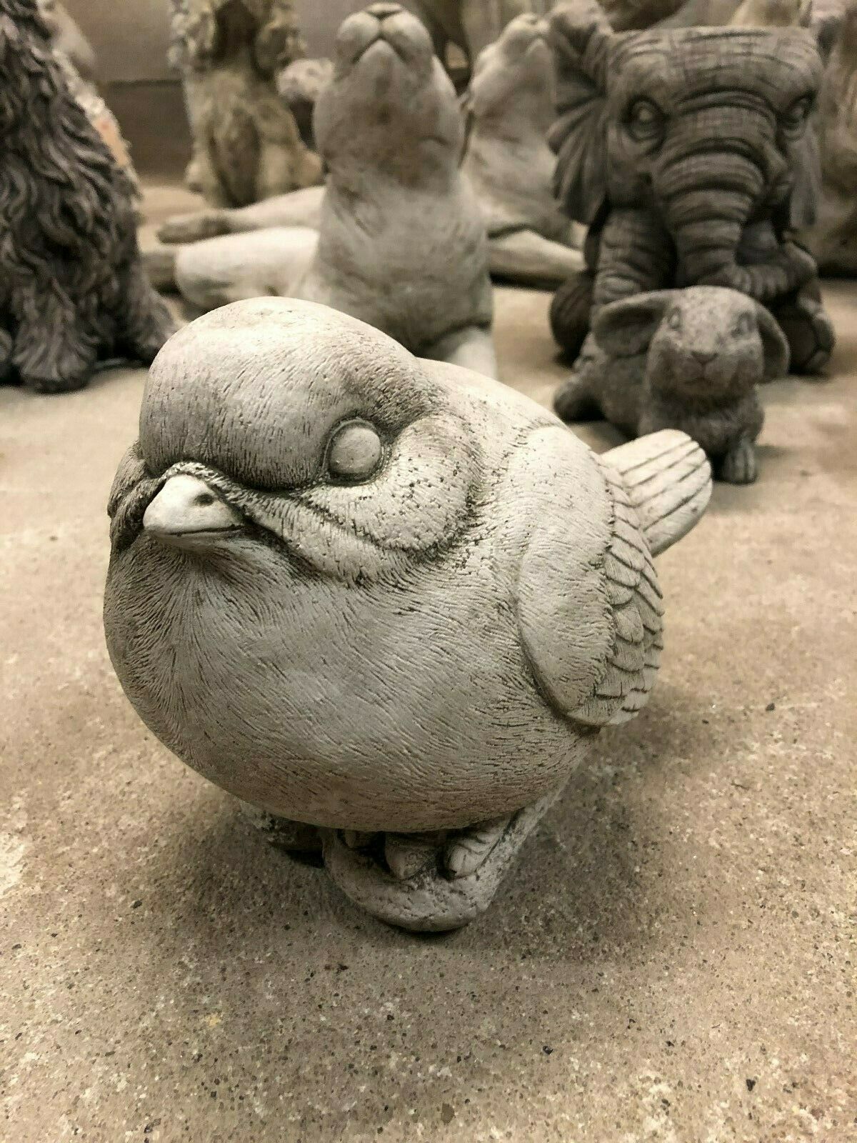 Stone Garden Bird Ornament with antique finish, featuring a chubby design and fine feather details. Ideal for outdoor decor in all weather.