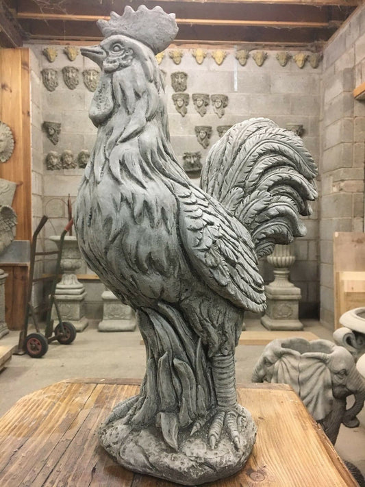 Stone Rooster Ornament - Garden Statue with antique grey limestone finish, ideal for lawn or patio decor in home and garden settings.