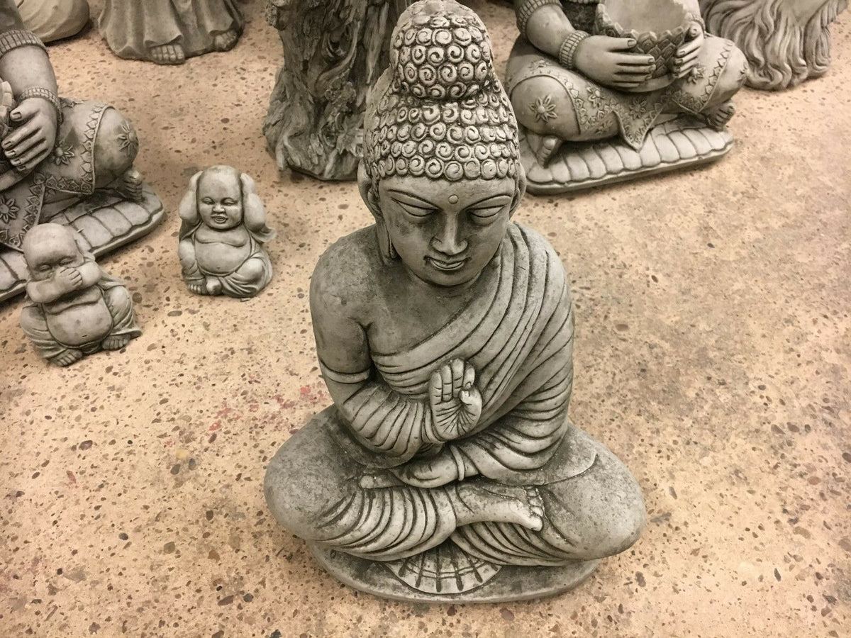 Top view of Weather-Proof Buddha Statue in Jnana Mudra, highlighting intricate hair curls and hand gesture for peaceful garden ambiance.